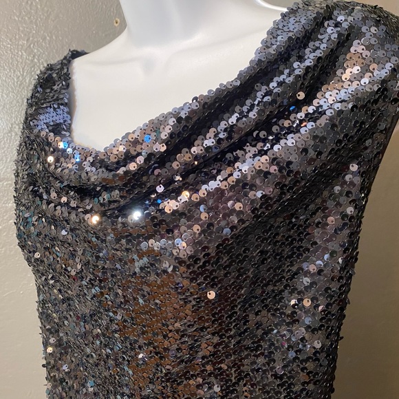 CALVIN KLIEN Black Sleeveless Sequin Cowl  Neck Top - Picture 6 of 15